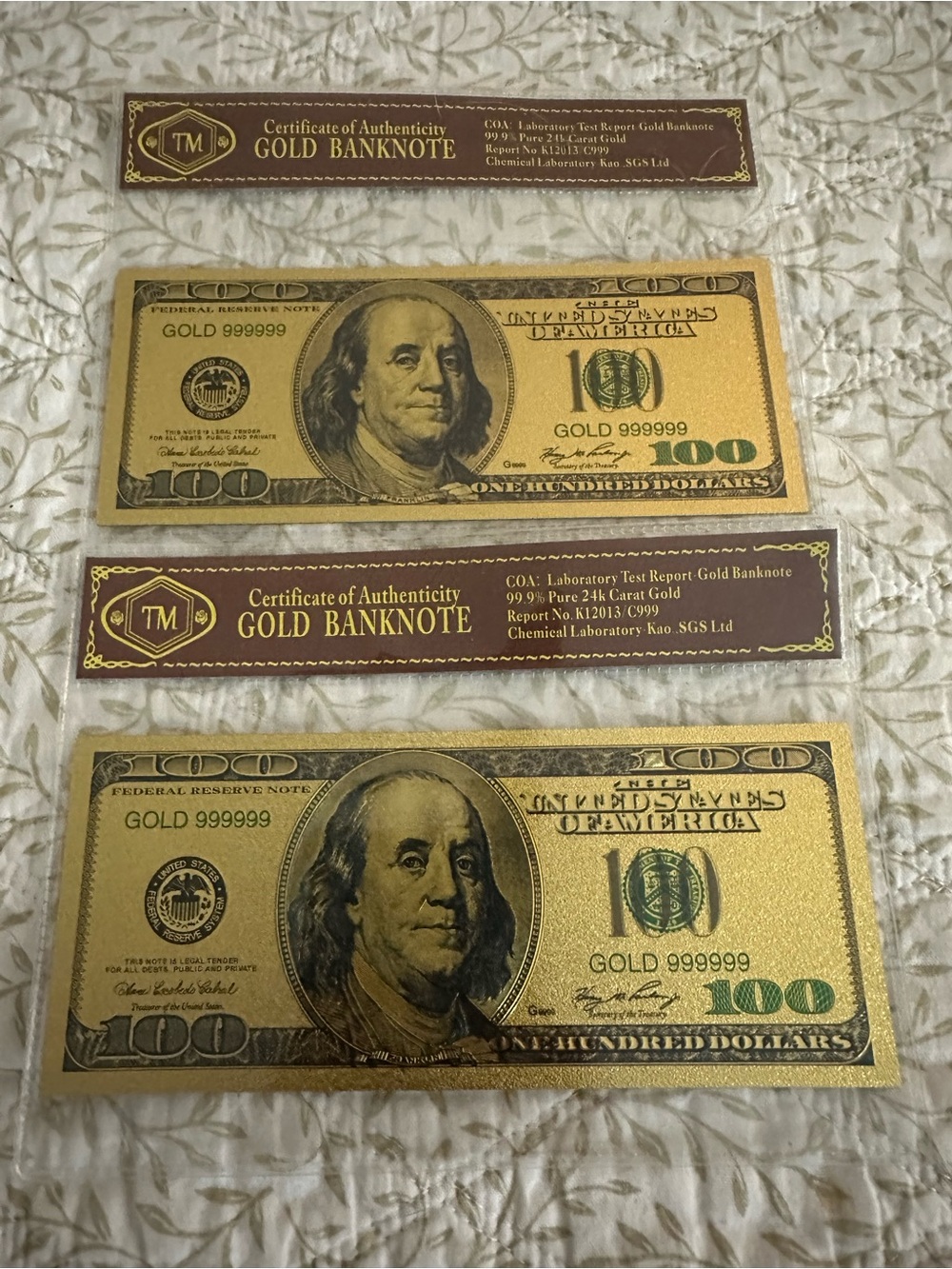 Gold Novelty $100 Banknote Set with Certificates